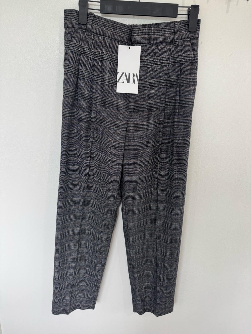 NWT Zara Black brown plaid pleated high rise work career classic office pants XS